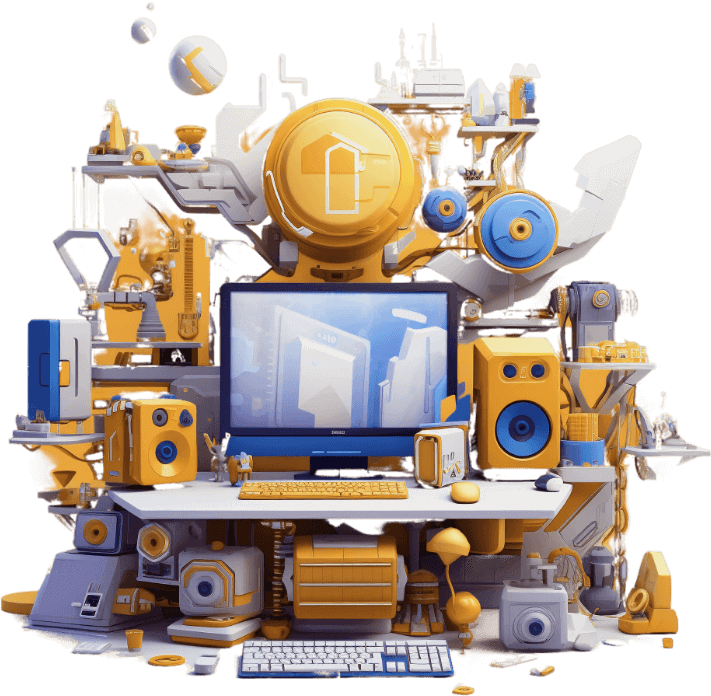 Yellow and blue creative machine setup